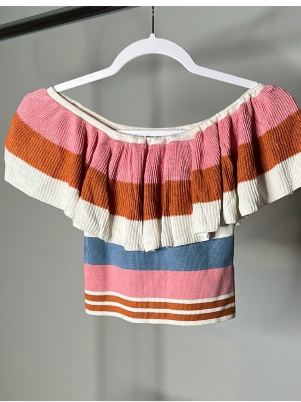 Off-Shoulder Stripe Ruffle Knit Top in Pink, Rust & Cream
